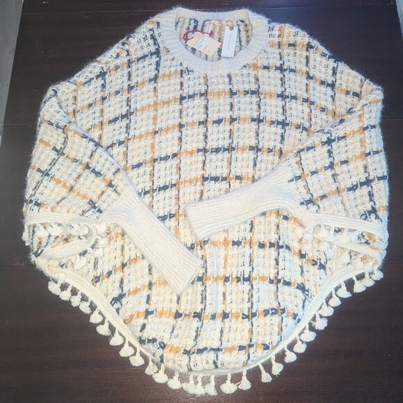 Anthropologie Raga plaid fringed sweater Dulce Pommed Knit Poncho size Small - Picture 2 of 6